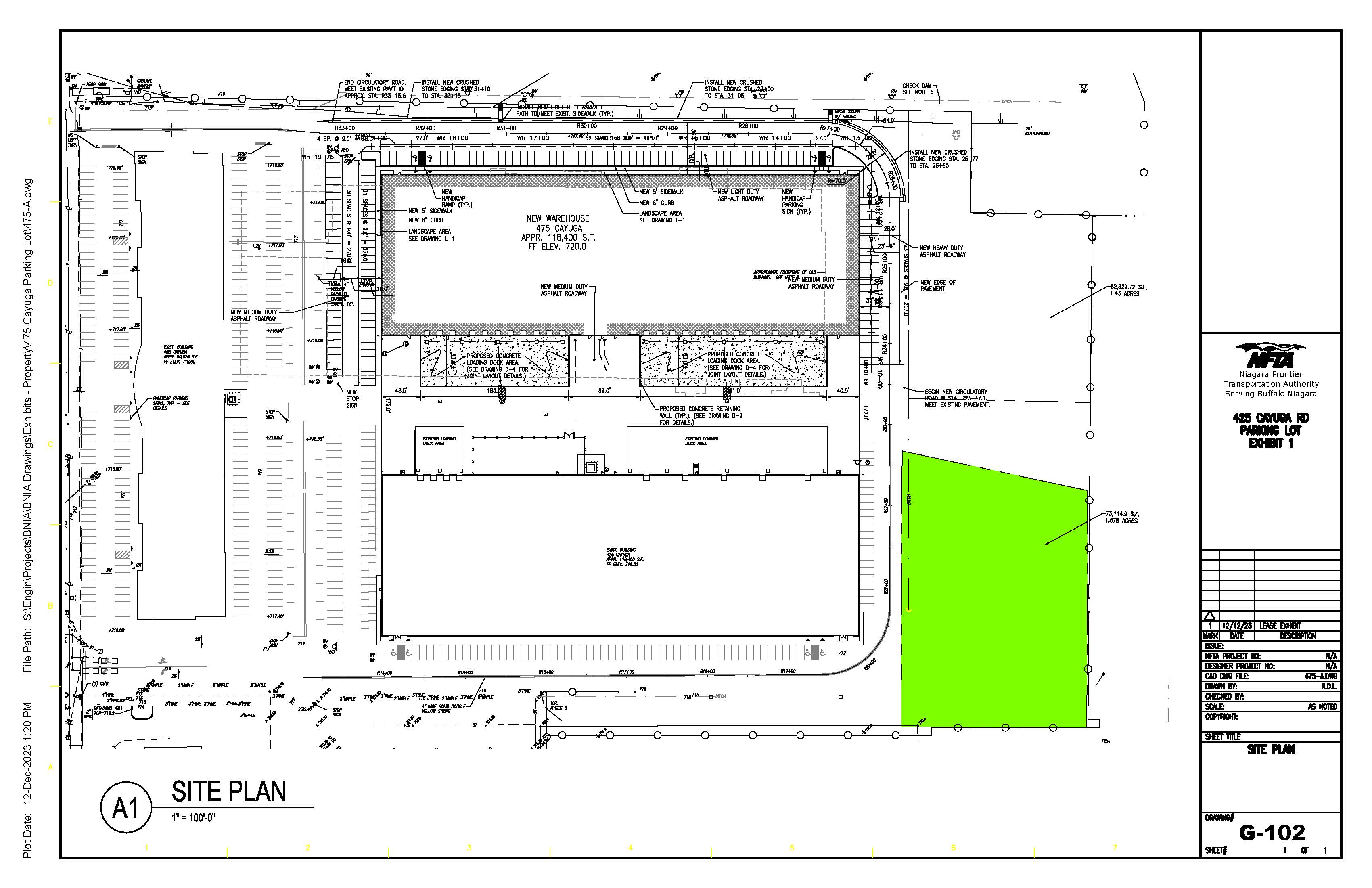 A site plan depicting the available 73,115 square foot parking area colored green.