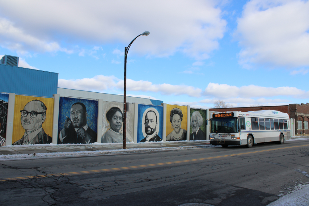 Freedom Wall mural with NFTA Bus in front