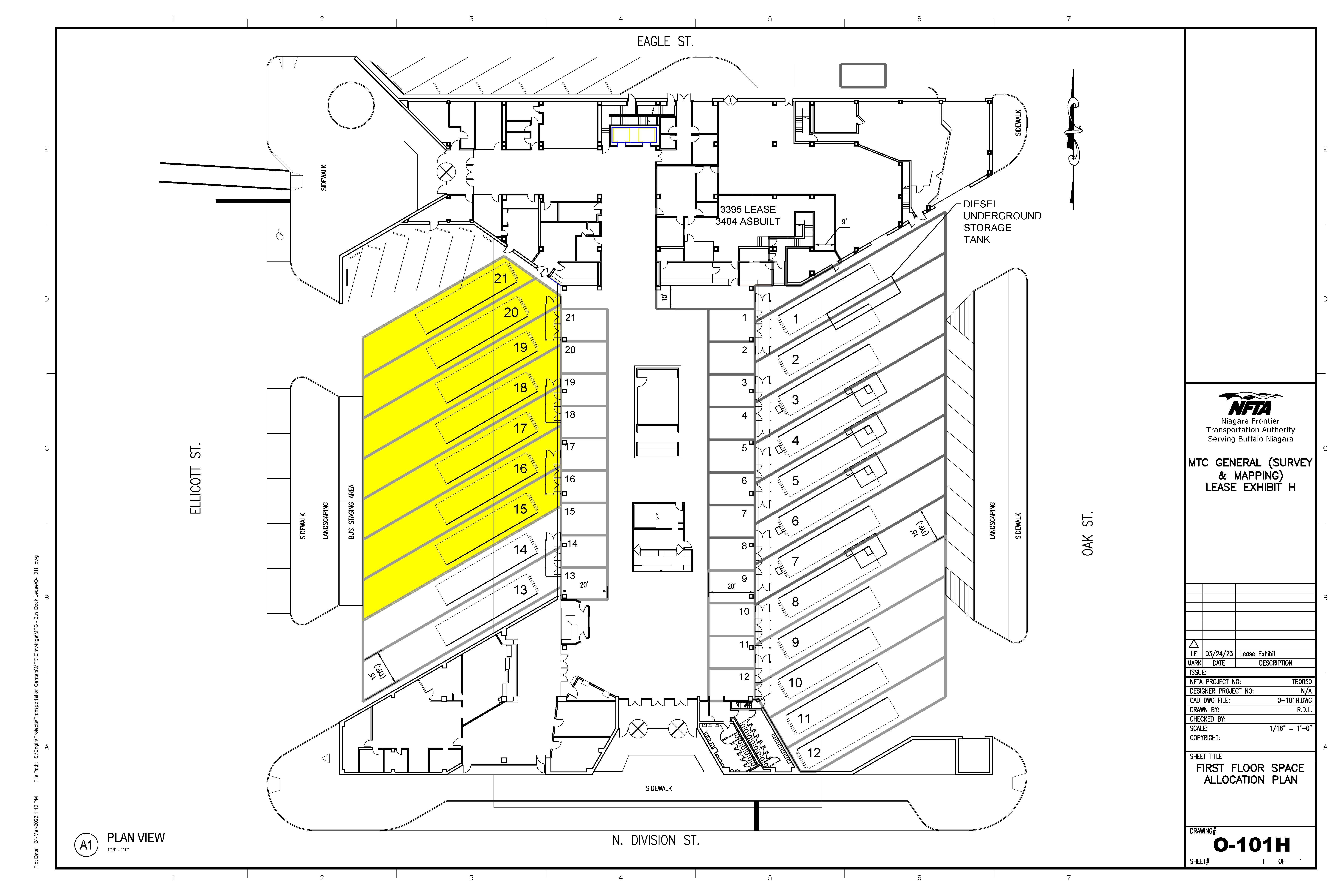 Blue print showing available bus dock rentals