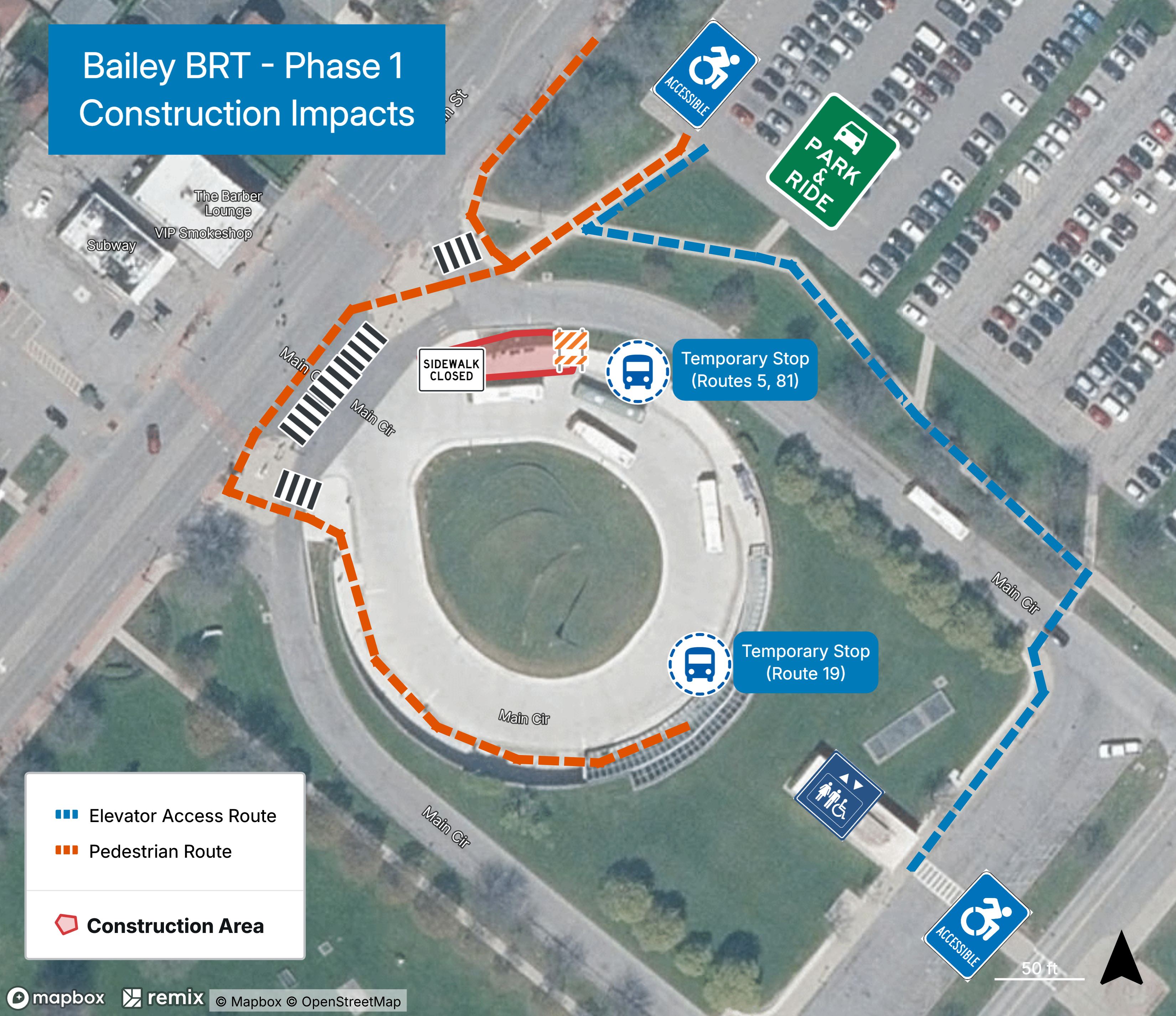 Passengers traveling on Routes 19, 5, and 81 should review the temporary boarding locations below before traveling to University Station.